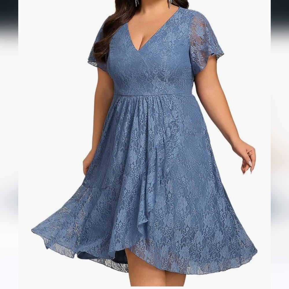 Ever Pretty Women's Summer V Neck Short Ruffles Sleeves Lace Midi Plus Size-22